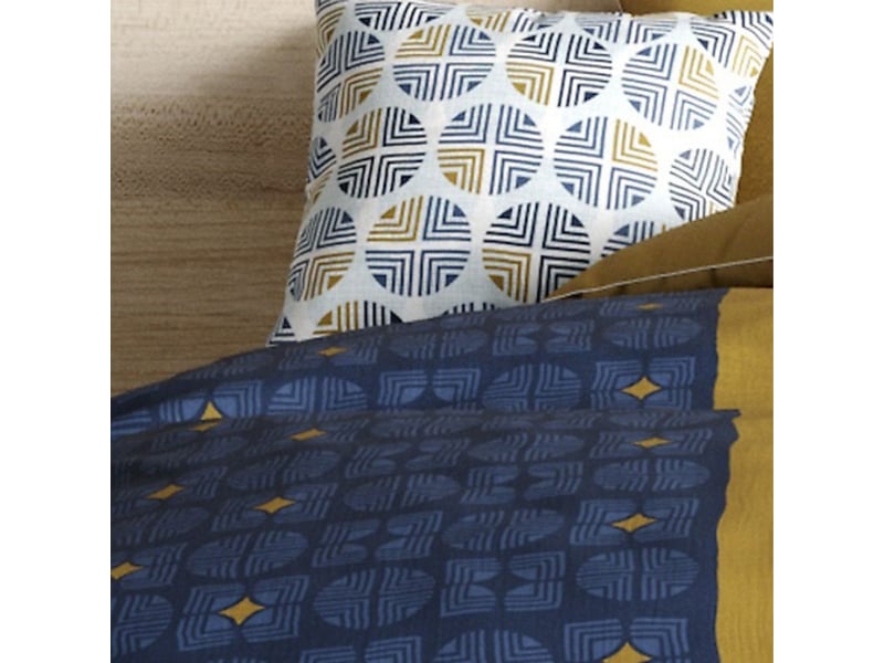  Parure housse de couette 260x240cm + 2 taies motif graphique bleu et ocre 100% coton - rufus RUFUS - Conforama D
