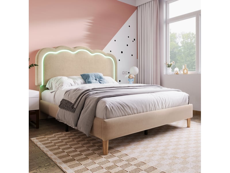  Lit double 140 x 200 cm en lin avec led, sommier et tête de lit réglable beige  - Conforama D