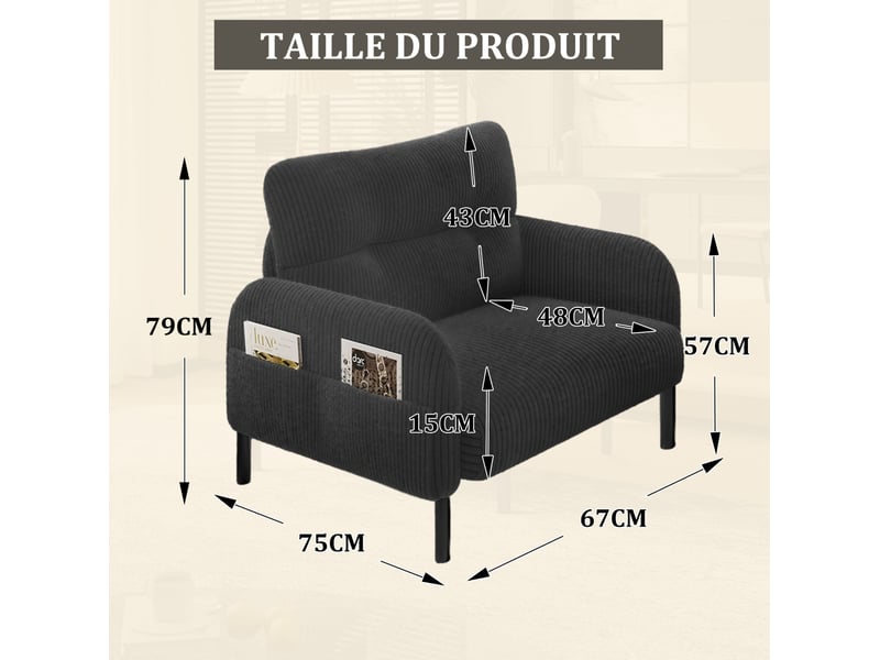 Fauteuil de lecture avec assise profonde, dossier ergonomique et poche latérale en velours côtelé gris, 67 × 75 × 79 cm - Conforama D