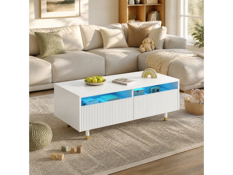  Table basse avec 2 tiroirs led pour salon, pieds en bois massif 110×50×40 cm en mdf blanc  - Conforama B