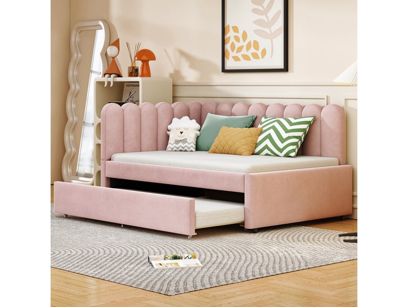 Lit banquette 140x200 cm – rose – lit gigogne à roulettes et dossier capitonné en velours – sans matelas - Conforama B