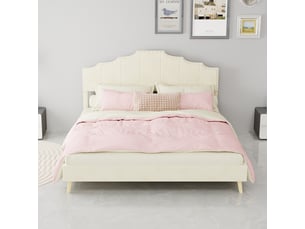 Lit moderne minimaliste - tête de lit confortable - dimensions 160x200 cm - beige - tissu et métal