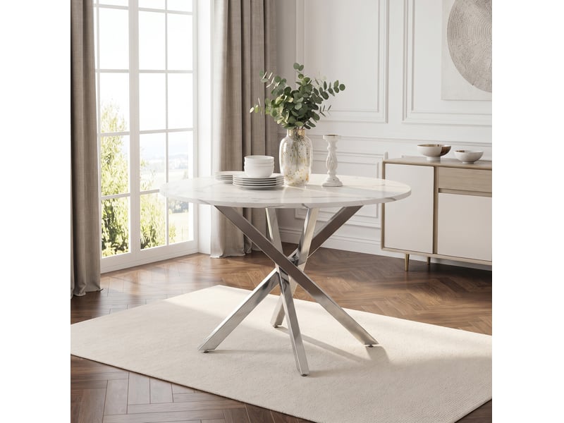  Table à manger ronde – plateau effet marbre – mdf et métal chromé argenté – ø 80 x h 75 cm  - Conforama B
