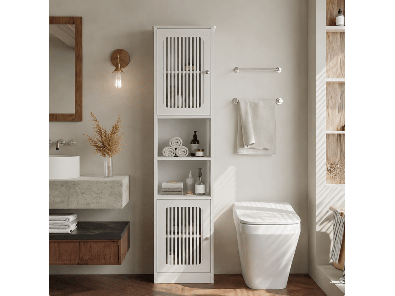  Armoire de salle de bain avec 2 portes persiennes, 2 niches et étagères réglables, blanche, 36 × 30 × 163 cm  - Conforama E