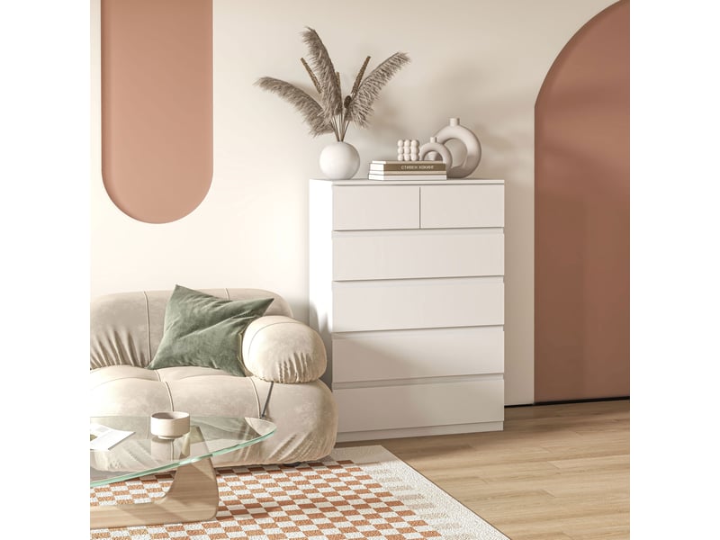  Commode à 6 tiroirs avec système anti-basculement, panneaux de particules, 80 x 39 x 115 cm, blanche  - Conforama C