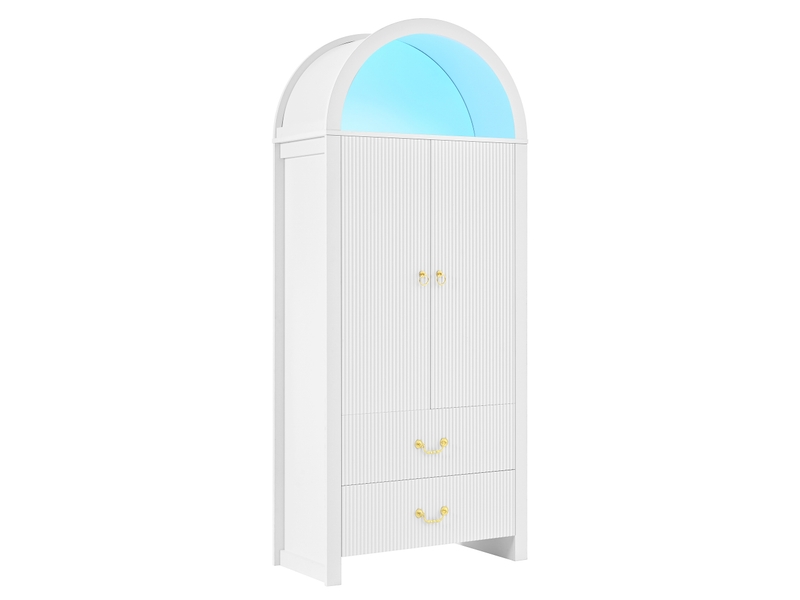  Armoire haute blanche avec niche arquée et éclairage led réglable par application, deux portes et deux tiroirs, façade à rainures verticales  - Conforama D