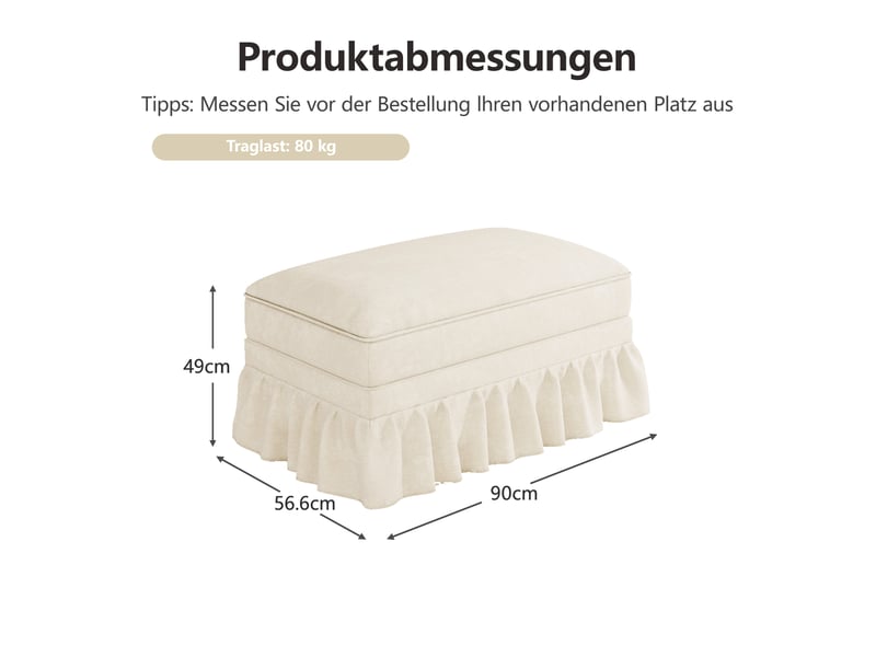  Pouf en chenille blanc 90x56,5x49 cm avec jupe à volants amovible  - Conforama C