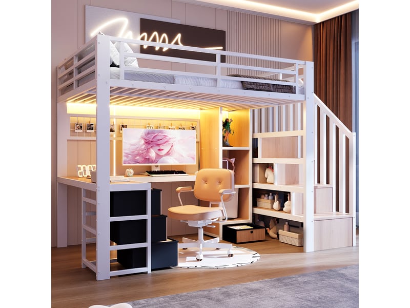Lit mezzanine enfant 90 × 200 cm 1 place avec bureau, 4 tiroirs, étagère et led, sans matelas, blanc - Conforama B