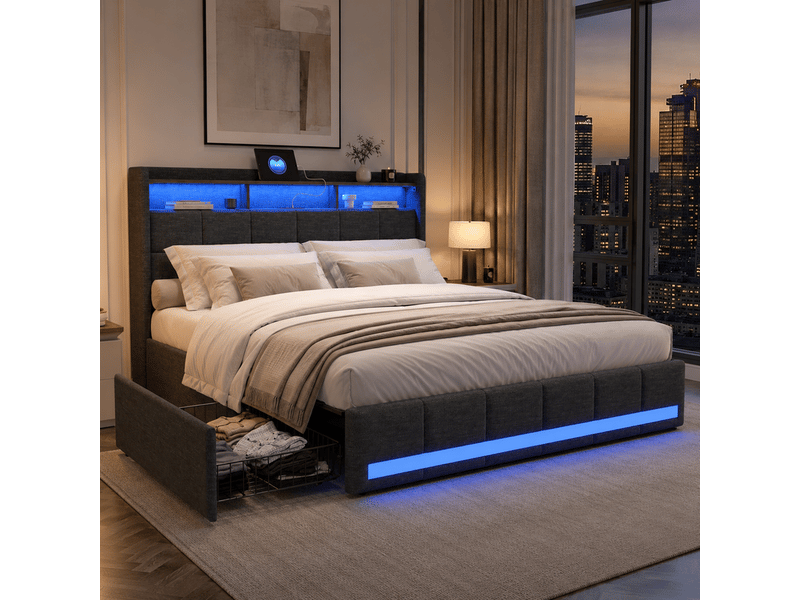  Lit double 180x200 avec rangement, lit 2 personnes led avec prise et 4 tiroirs cadre de lit rembourré avec tête de lit capitonnée pour adultes et adolescents lin gris, sans matelas  - Conforama B