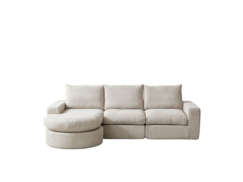  Canapé d’angle, en chenille, éléments courbes et chaise longue, compressé sans cadre, mousse, 80x250x160 cm, beige  - Conforama A