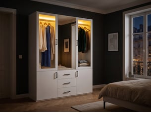 Armoire penderie chambre adulte 4 portes et 3 tiroirs - 130x52x182 cm - miroir - porte en verre - bandeau lumineux led - charnières amorties - style scandinave minimaliste - pour petit appartement, armoire blanc mat
