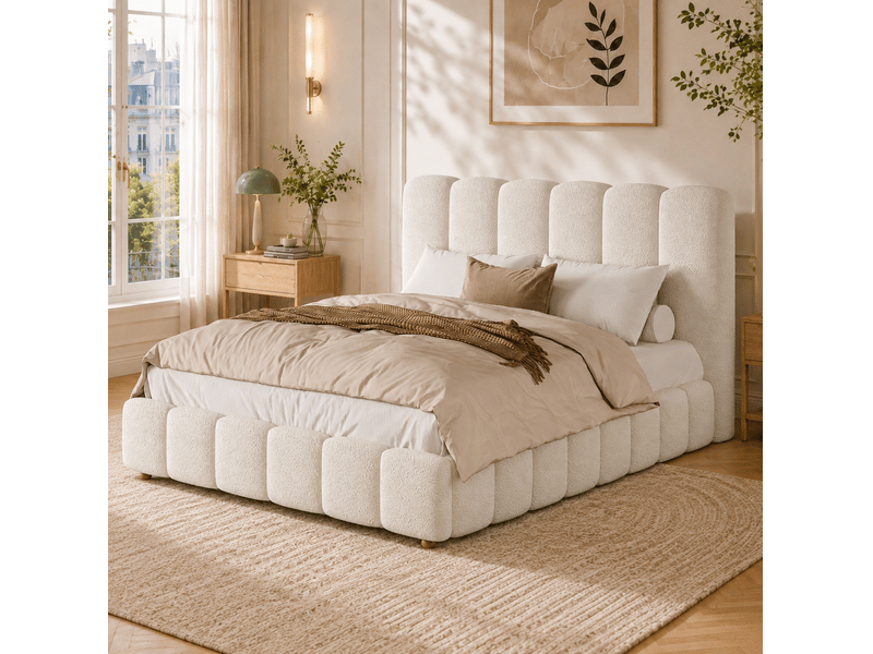  Lit coffre 140 × 190 cm 2 places avec rangement hydraulique et tête de lit rembourrée, sans matelas, blanc bouclé  - Conforama C