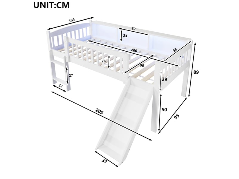 Lit surélevé enfant 90x200 cm avec toboggan, rangements et led blanc - Conforama C