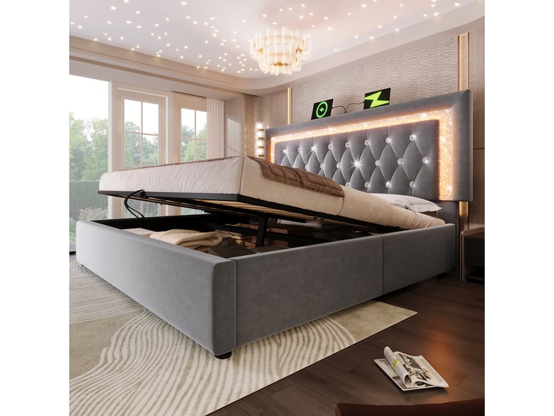  Lit coffre double 180x200 cm - lit avec led diamant, usb type-c et station de charge, sommier à lattes, velours gris - sans matelas  - Conforama E