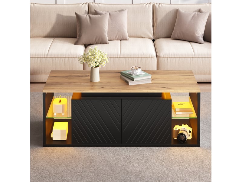  Table basse 100x50x41 cm avec led et rangement, table de salon, pour le salon, panneaux de particules, coloris noir  - Conforama B