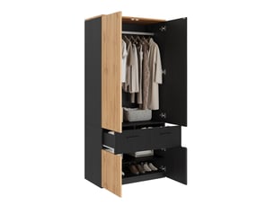 Armoire 2 portes avec penderie, 2 tiroirs et 2 niches, décor lamellé noir et bois naturel, chambre 90 × 50 × 200 cm