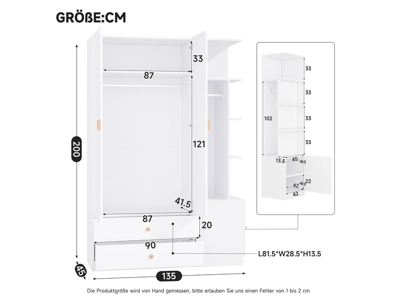 Armoire avec 2 tringles, 2 tiroirs et colonne latérale modulable pour chambre, en mdf, blanc, 135 × 45 × 200 cm - Conforama D