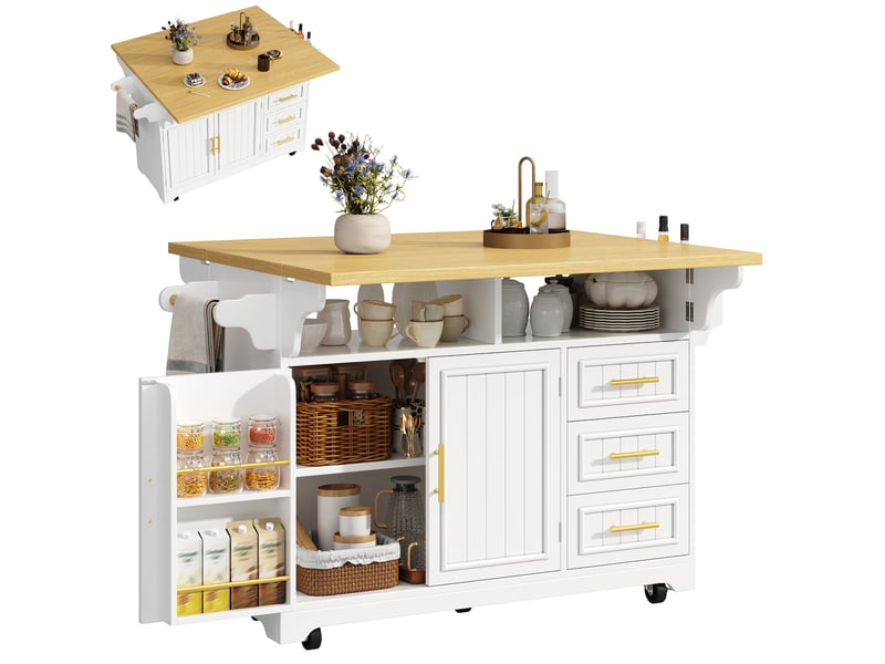  Desserte 2 portes 3 tiroirs - îlot de cuisine mobile à plateaux rabattables 120x40x95 cm mdf blanc effet chêne  - Conforama A