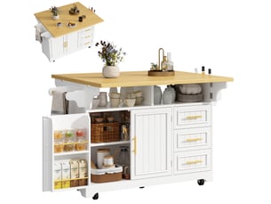Desserte 2 portes 3 tiroirs - îlot de cuisine mobile à plateaux rabattables 120x40x95 cm mdf blanc effet chêne