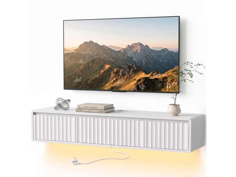  Meuble tv suspendu avec led et prises 2 tiroirs blanc 120 cm  - Conforama B