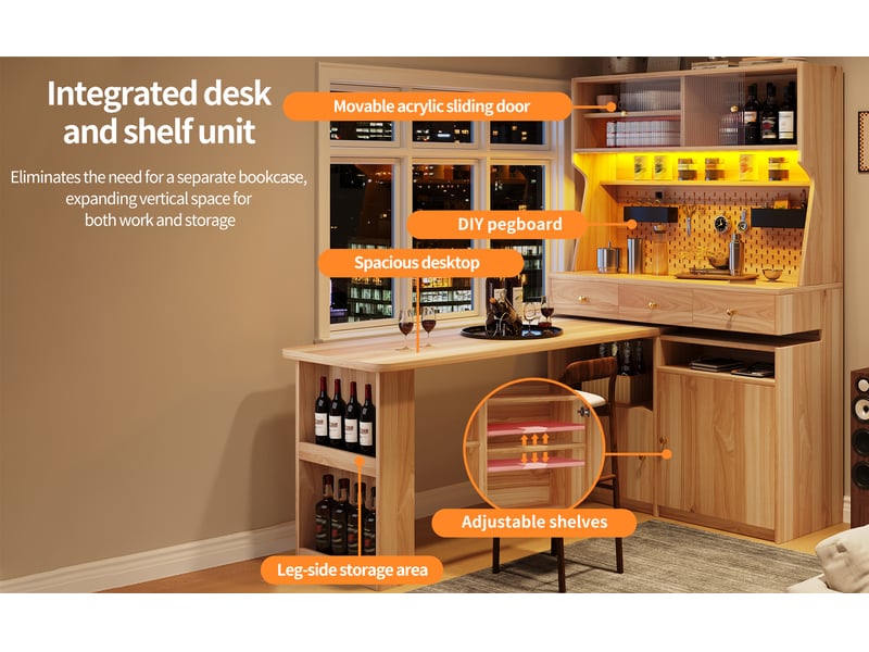  Meuble haut avec bureau, coloris brun naturel, 137 × 74 × 177,7 cm, mdf, métal et verre, bureau et tablette bar intégrés  - Conforama D