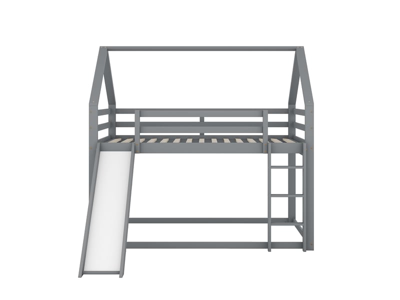  Lit superposé enfant gris 140 × 200 cm, forme maison, avec toboggan et échelle  - Conforama A