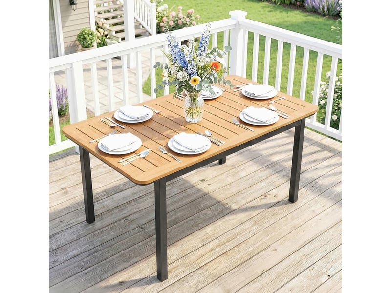  Table de jardin 6 personnes rectangulaire en bois composite cadre en métal et plateau à lattes 127x70cm marron  - Conforama C
