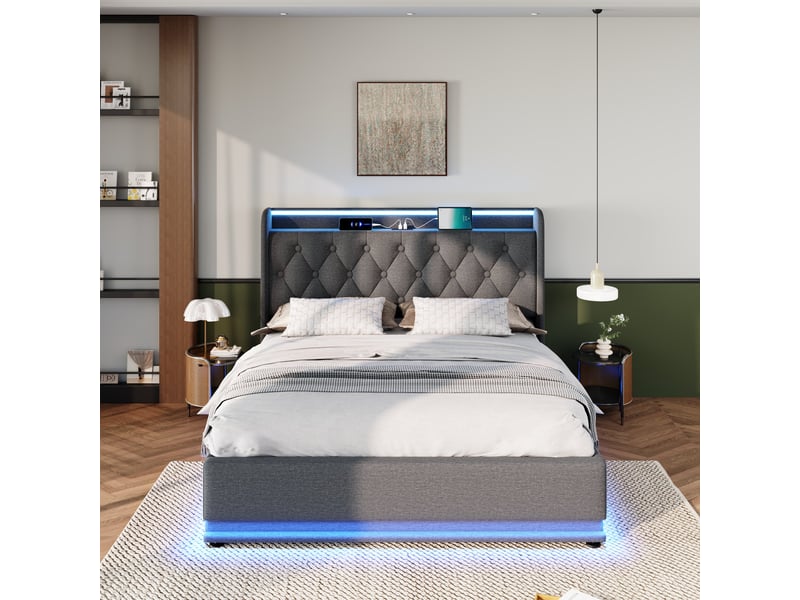  Lit capitonné double 140*200 cm, éclairage led 360°, port usb-c, coffre hydraulique, gris lin, matelas inclus  - Conforama E