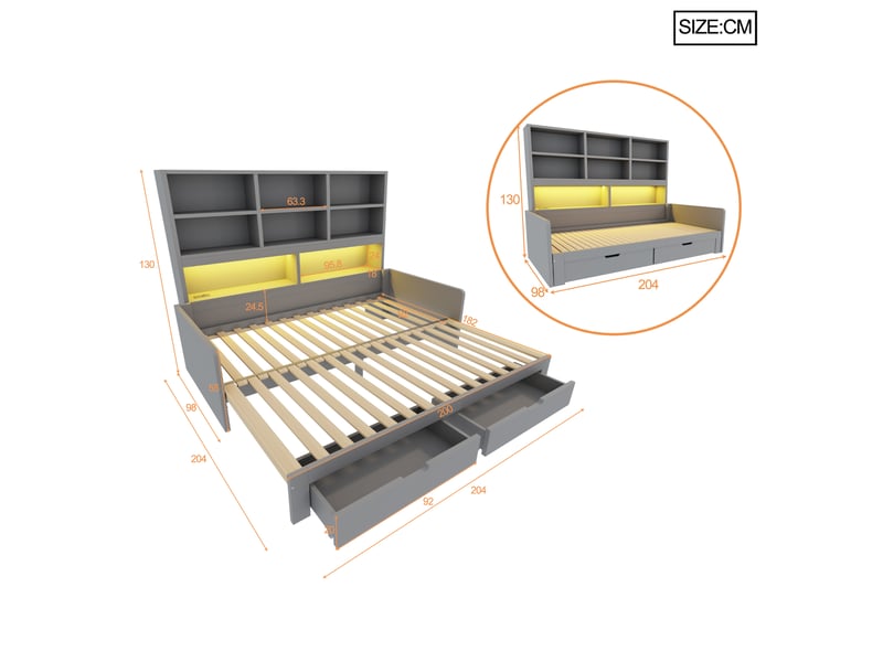Canapé-lit en bois 180 x 200 cm - avec lit gigogne - avec lumière led - avec prise électrique - avec 2 tiroirs - gris (matelas non inclus) - Conforama C
