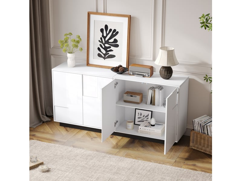  Buffet 160x37x75,5 cm, 4 portes géométriques laquées, grand rangement, panneau de particules, blanc et noir, moderne  - Conforama E