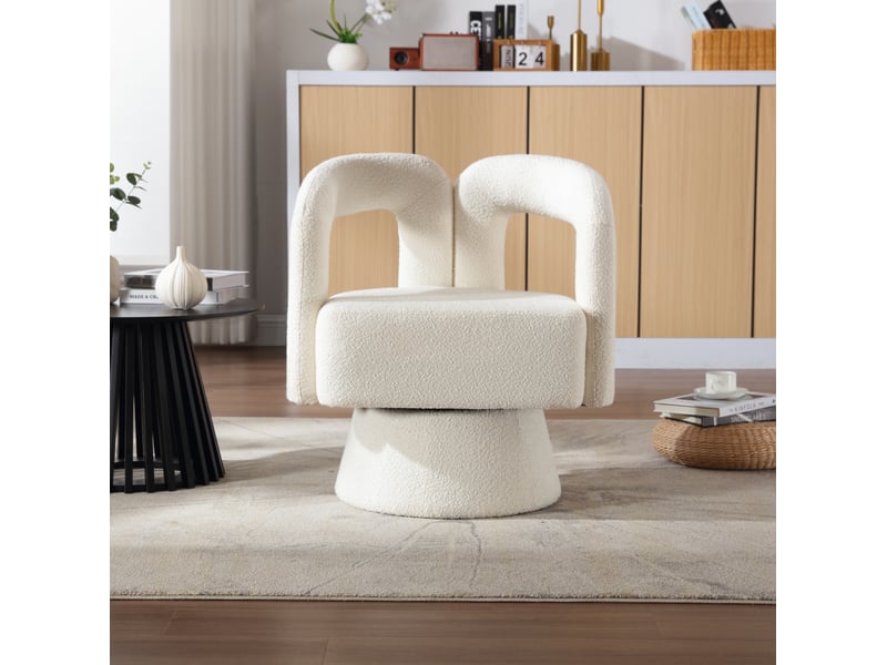 Fauteuil 67x55x74 cm, tournant à 360°, accoudoirs arrondis épais, coussin confortable, tissu en boucle, couleur beige - Conforama B