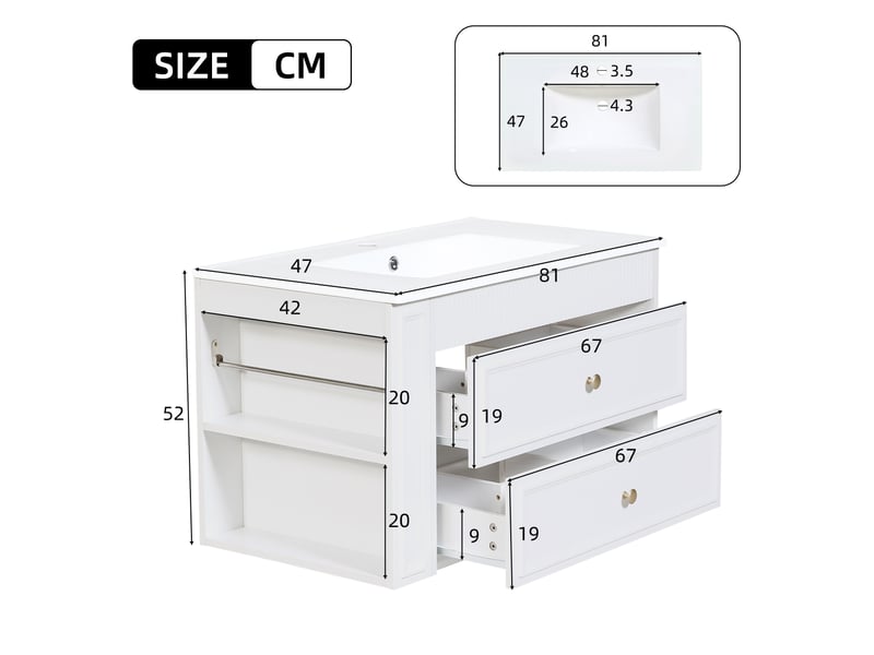 Meuble vasque mural 76x46x55 cm, meuble salle de bain avec led, porte en verre cannelé, tiroirs et étagères réglables, mdf, blanc Bliss Lite - Conforama C