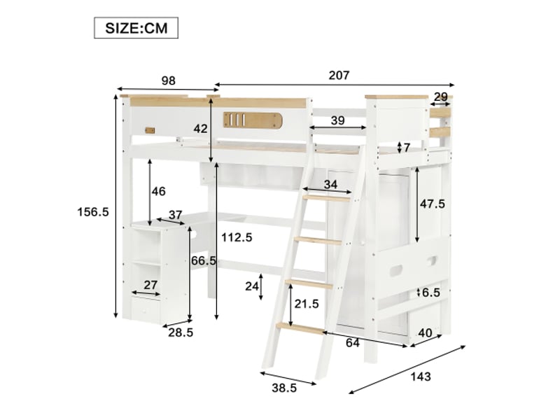 Lit mezzanine enfant 90x200 cm avec grille antichute, échelle, table et armoire, en bois, blanc, sans matelas - Conforama D