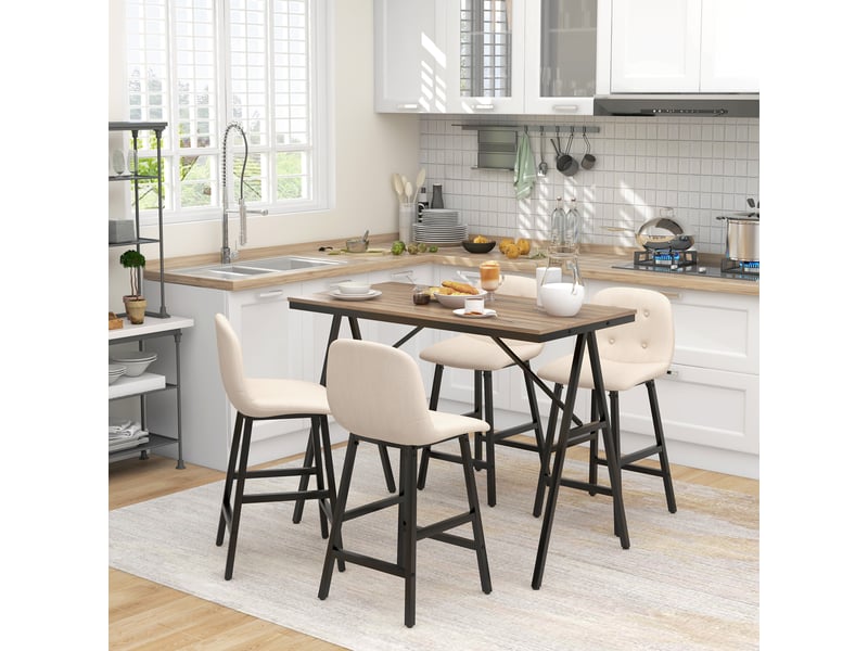  Ensemble bar 5 pièces, table et 4 chaises, capitonnage à boutons, revêtement épais aspect lin, beige  - Conforama C