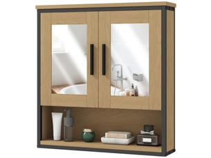 Armoire murale salle de bain avec miroir, meuble salle de bain avec compartiment ouvert et étagère réglable, chêne