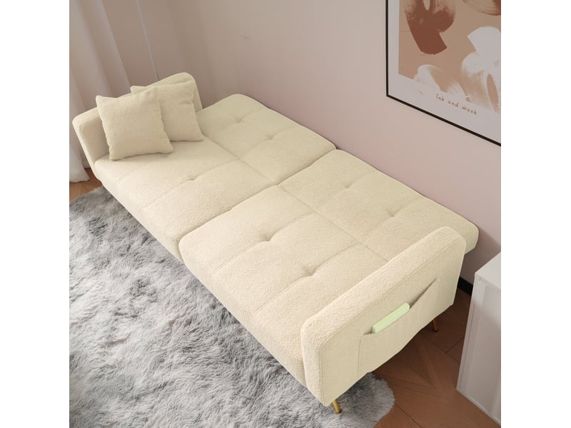  Canapé convertible ulevr 2 places, dossier réglable 105° à 180°, poches latérales, tissu bouclette beige, 175 x 64 x 72 cm  - Conforama D