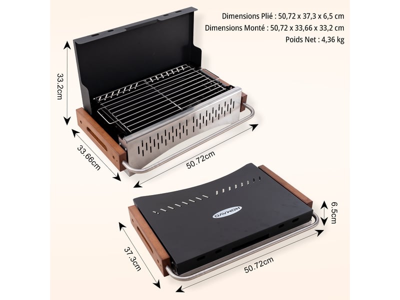  HOMAVO Barbecue Charbon de Bois Portable, Avec Ustensiles Barbecue, Conception Pliable, Surface de Cuisson: 38,15 x 20,95 cm, Adapté pour Camping, Jardin, Balcon  - Conforama R