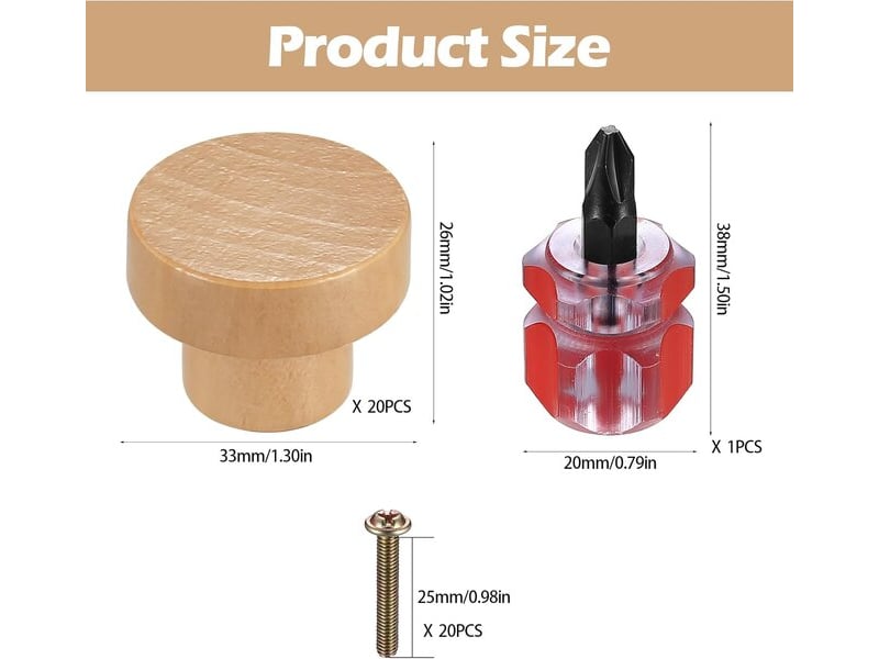  Jeu de 20 poignées en bois de 35 mm, tirateurs naturels pour meubles, tiroirs, commodes et placards avec vis  - Conforama C