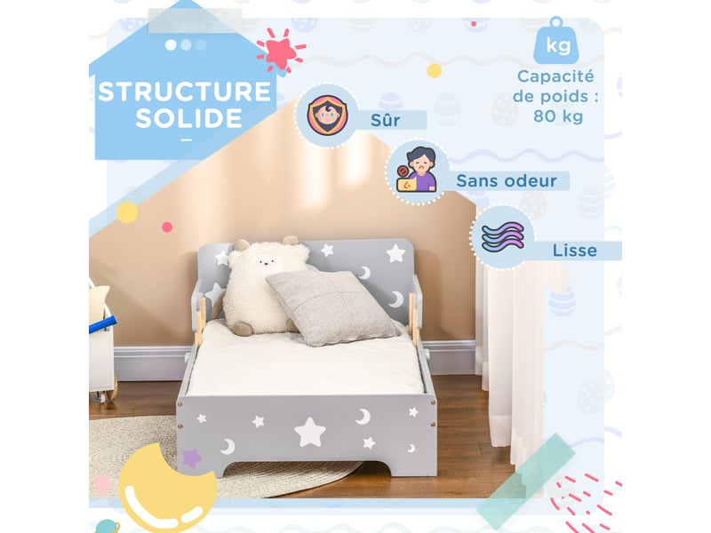  Lit pour enfants de 3 à 6 ans design étoiles et lune sommier à lattes inclus chambre moderne gris 143 x 76 x 49 cm  - Conforama R