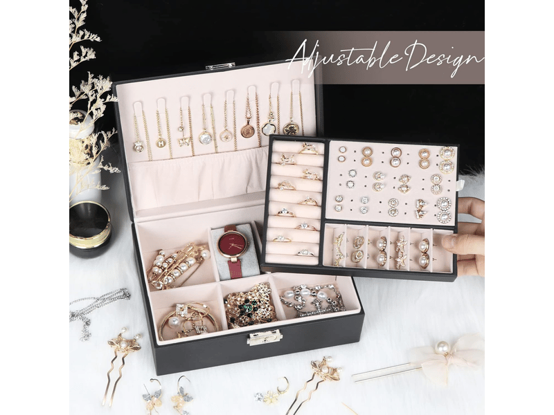  Boîte à bijoux pour femme, coffret à bijoux en cuir verrouillable de 2 couches organisateur à bijoux, petit jewelry stockage cas rangement(noir)  - Conforama E