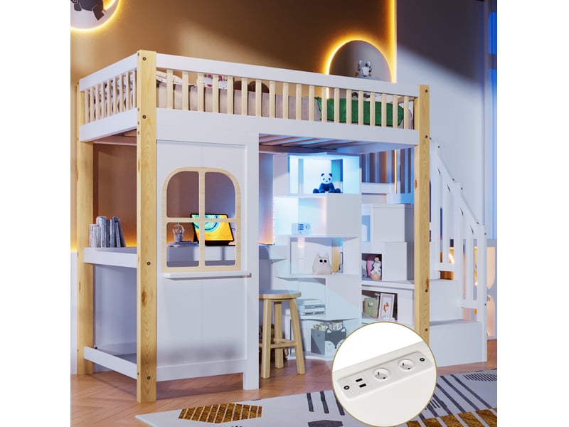  Lit mezzanine enfant 90x200 cm, maison et bureau intégrés, rangements, bois pin et mdf, blanc naturel, sans matelas  - Conforama E