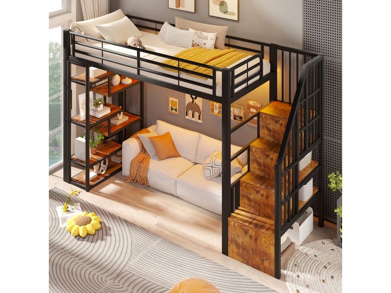  Lit mezzanine, 90 x 200 cm, avec rangement, led, revêtu de tissu effet lin, noir 252x95x170cm - Conforama C