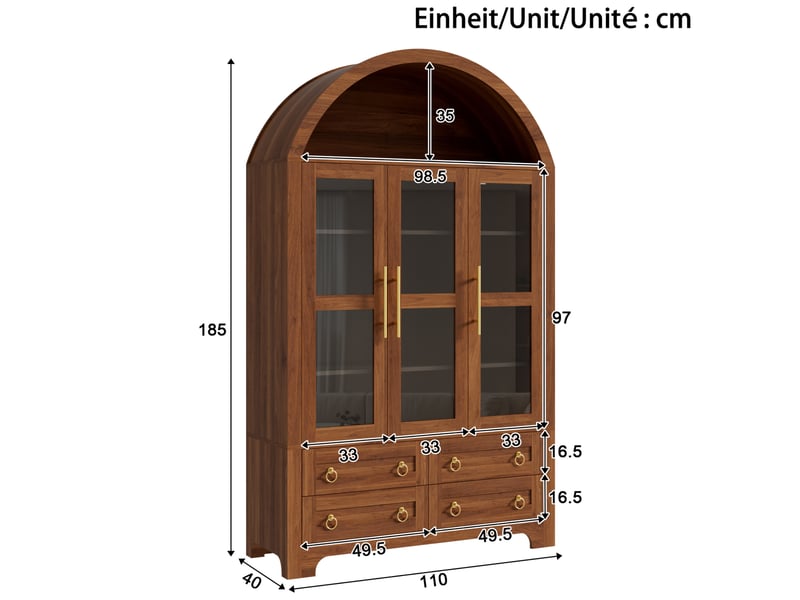  Buffet haut tcqpz 110 x 40 x 185 cm 3 portes vitrées 4 tiroirs niche ouverte mdf et panneaux de particules noyer  - Conforama D