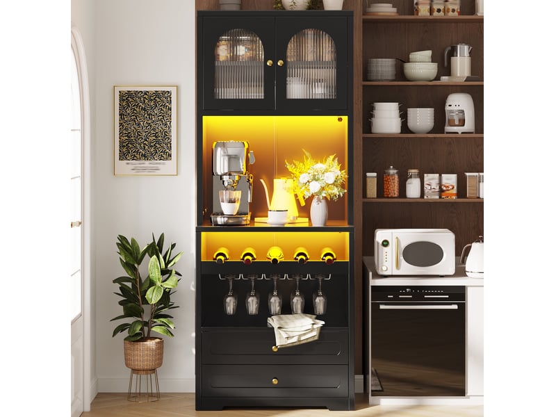  Lof 2 de buffet haut noir avec portes vitrées arquées, éclairage led par application et synchronisation musicale  - Conforama E