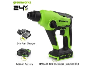 Greenworks perceuse à percussion rotative à brosses 24 v diverses vitesses sds 1,2 j doppies modes de fonctionnement avec batterie 4 ah et chargeur