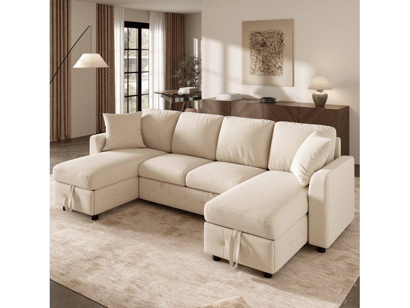  Canapé d’angle convertible en u modenvie 4 places en chenille beige avec 2 rangements, usb et type-c 260 x 128 x 82 cm  - Conforama E