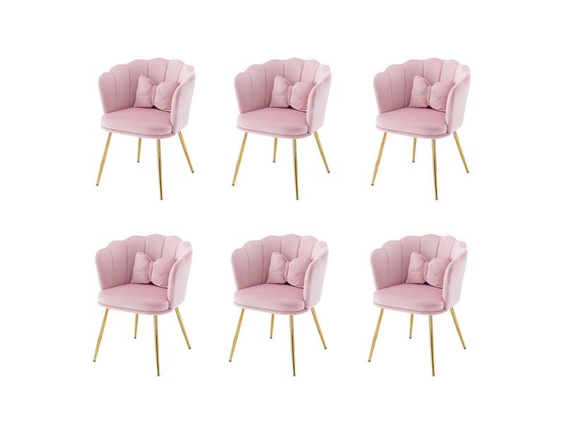 Lot de 6 fauteuils modernes en velours, dossier pétale, pieds métal doré et coussins papillon - Conforama A