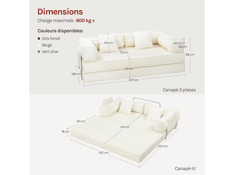 Canapé-lit convertible 3 places, sofa de sol modulaire, avec coussins amovibles,207x106x68cm,beige - Conforama D