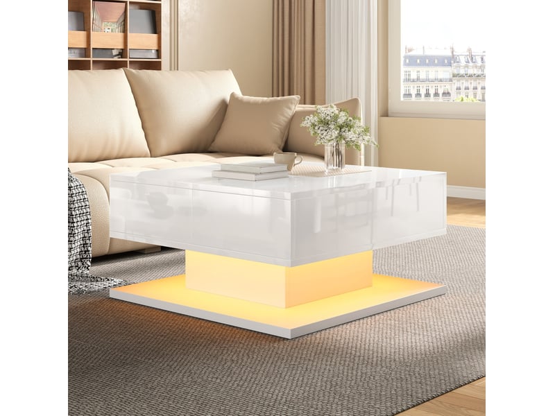 Table basse carré relevable 72x72x35 cm, couleur coloris blanc, finition brillant, rangements  - Conforama D