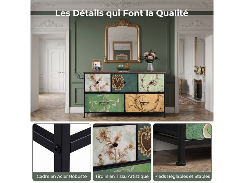  Commode 5 tiroirs, commode de rangement, tissu floral,structure en métal,pour salon, chambre, style bohème,100 x 30 x 55 cm  - Conforama E